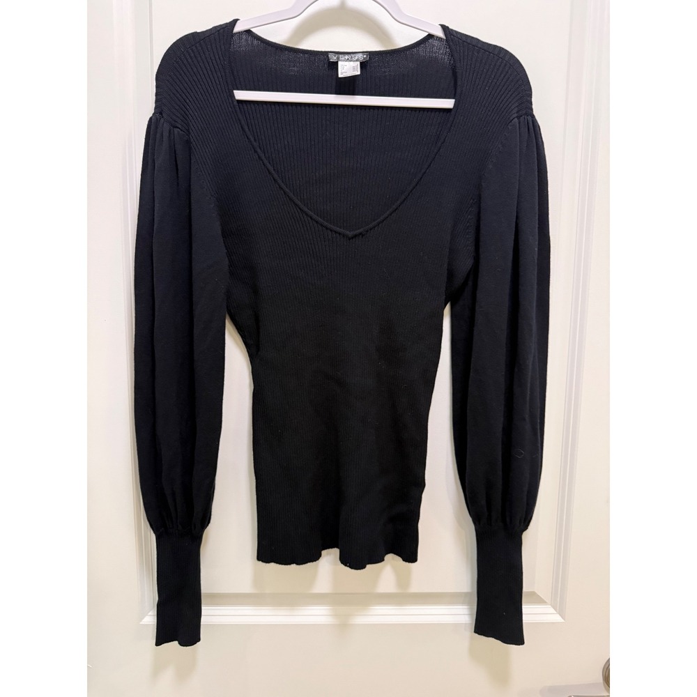 Venus Black Ribbed V-Neck Puff Balloon Sleeve Knit Sweater Top Small